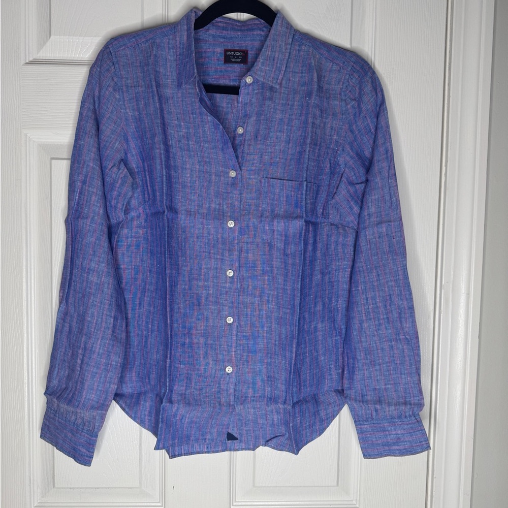 UNTUCKIT NWT Woman’s Zell Purple/Pink Striped Linen‎ Button Down Size 4